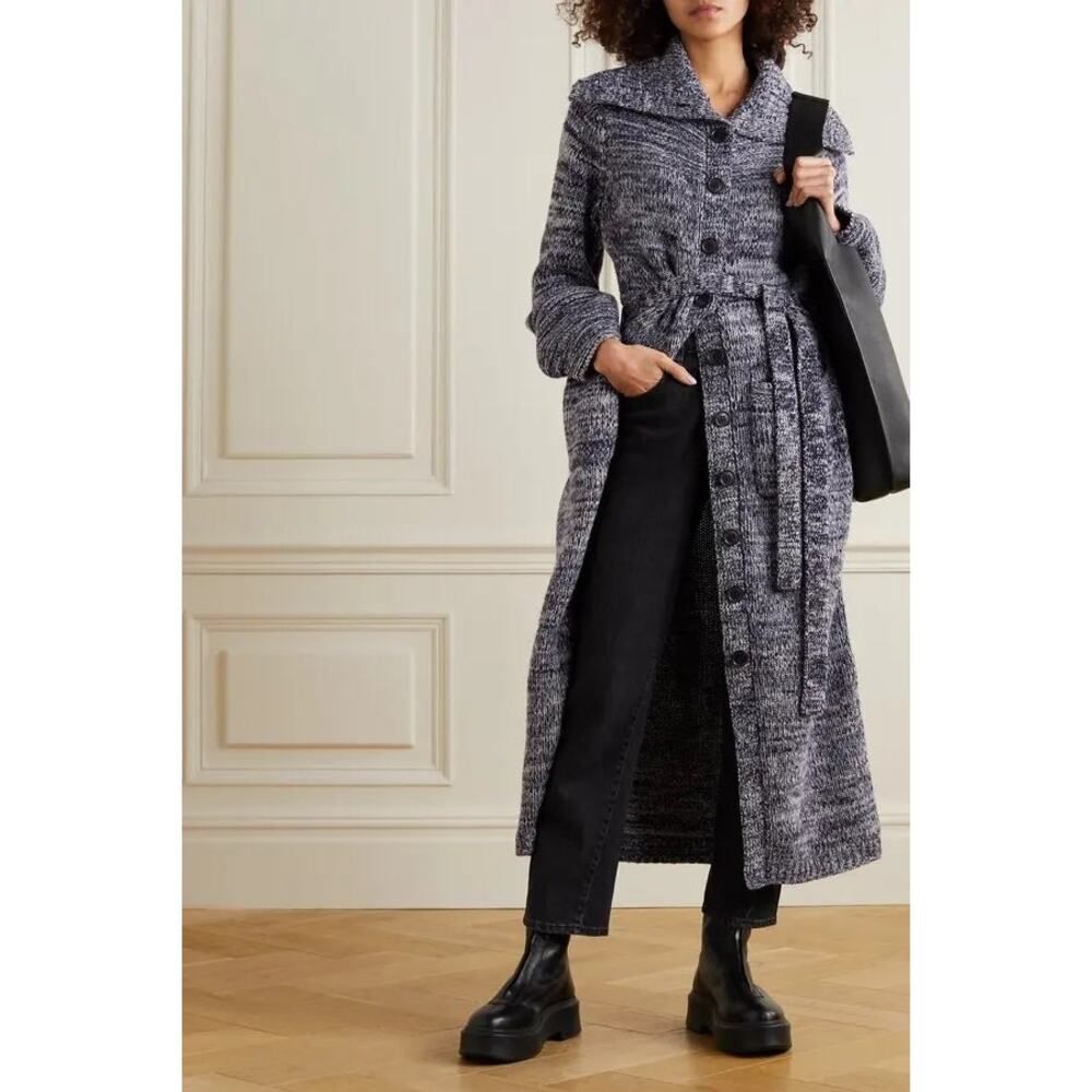 Frame belted mélange wool-blend cardigan in navy and light gray Large